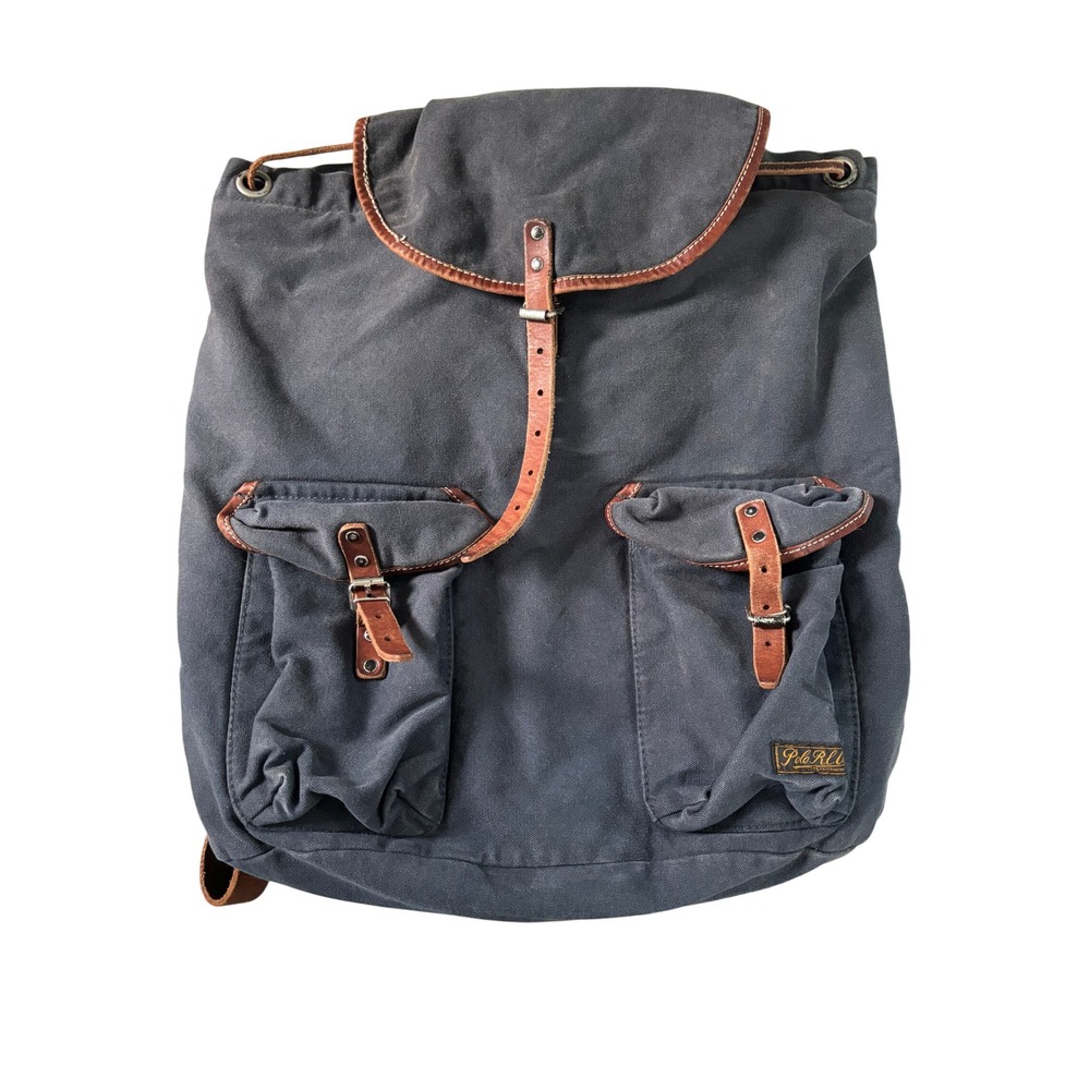 Polo Ralph Lauren Vintage Canvas Leather Rucksack Backpack Navy Blue Brown
